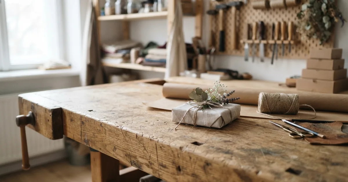Ein wunderschön verpacktes personalisiertes Hochzeitsgeschenk von Etsy auf einem Holztisch mit Blumen